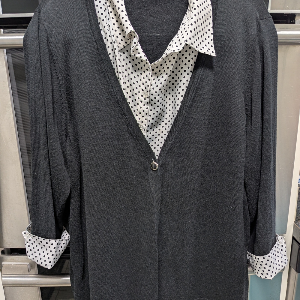 Notations 3X Two-in-One Black Cardigan with attached Polka Dot Blouse